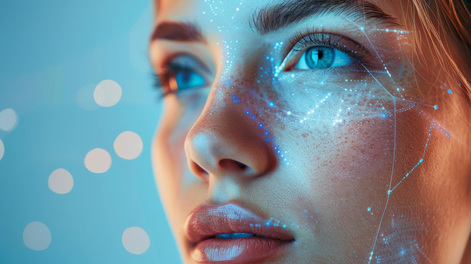 Woman&rsquo;s face with a digital aesthetic analysis overlay
